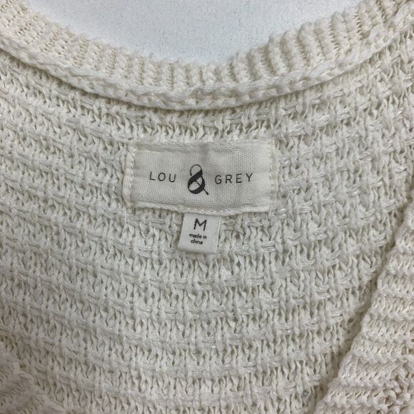 Lou & Grey Textured Weave Fringe Shirt Womens M Medium Cream Boho Mid Sleeve Top - Picture 7 of 11